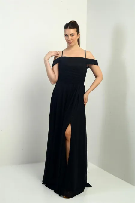 Kadın İp Askılı Eteği Kloş Astarlı Uzun Simli Elbise