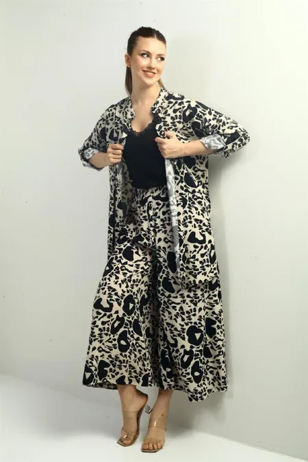 Women's Side Slit Tunic Shirt, Elastic Waist Pocketed Palazzo Pants, Mixed Pattern Oversize 2-Piece Set