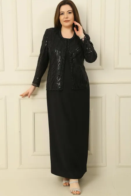 Robe longue à manches demi-lune, veste en tulle brodée de paillettes et de perles, ensemble deux pièces grande taille doublé