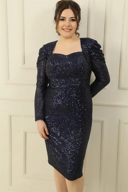 Pentagon Neckline, Gathered Shoulders, Lined Plus Size Sequin Dress