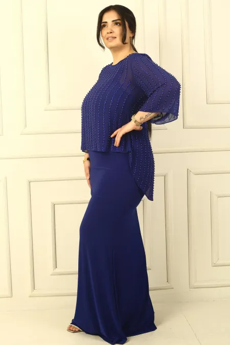 Robe longue couleur sable avec doublure à bretelles et chemisier en mousseline perlée boutonné au dos, ensemble 2 pièces grande taille