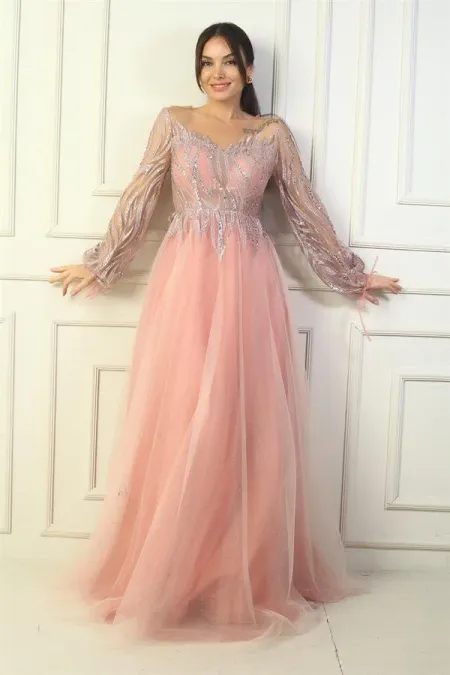 Kadın Pul Detaylı Arkası Bağcıklı Astarlı Simli Uzun Abiye Elbise