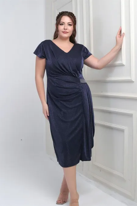 Women's Front Back V Neck Waist Stone Detail Lined Glittery Sandy Fabric Plus Size Midi Dress