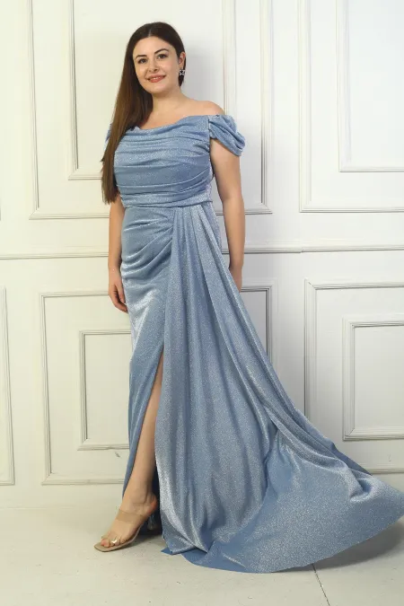 Robe de soirée longue à manches basses pour femme, drapée sur le devant, doublée de tulle, pailletée, grande taille