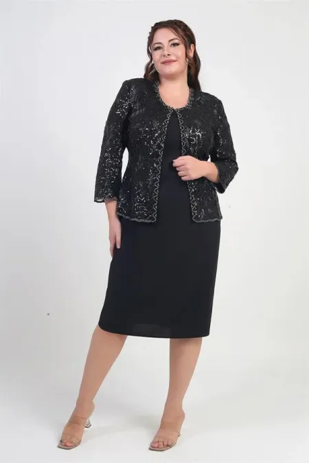 Ensemble 2 pièces pour femme, comprenant une veste en tulle ornée de sequins et de perles, une robe courte à manches demi-lune en crêpe doublée et un pantalon grande taille.