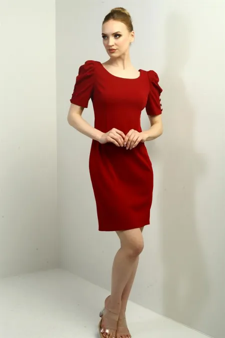 Women's Boat Neck Dress with Buttoned Sleeves, Pleated, and Zipper Back