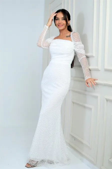 Kadın Uzun Kollu PulPayet Göğüs Drapeli Astarlı Tasarım Elbise