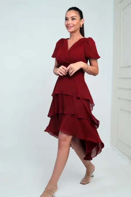 Kadın Kruvaze Yaka Arkası Fermuarlı Katkat Pileli Şifon Elbise