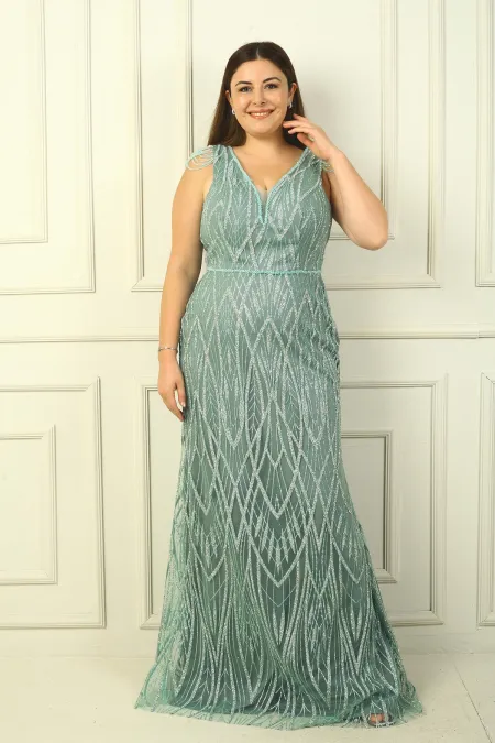 Kadın Omzu Püsküllü Astarlı Boncuk Ve Taşlı Büyük Beden Uzun Elbise