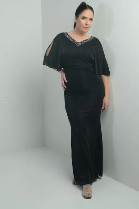 Robe longue pailletée grande taille pour femme, ornée de détails sur le devant et le dos, décolleté en V, doublée, manches chauve-souris et décolleté plongeant.