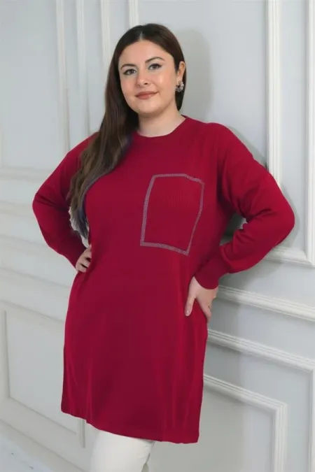 Blouse tunique en maille grande taille pour femme, à une poche avant et imprimé pierre.