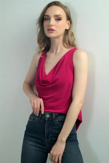 Kadın Degaje Yaka Kolsuz Krep Saten Bluz