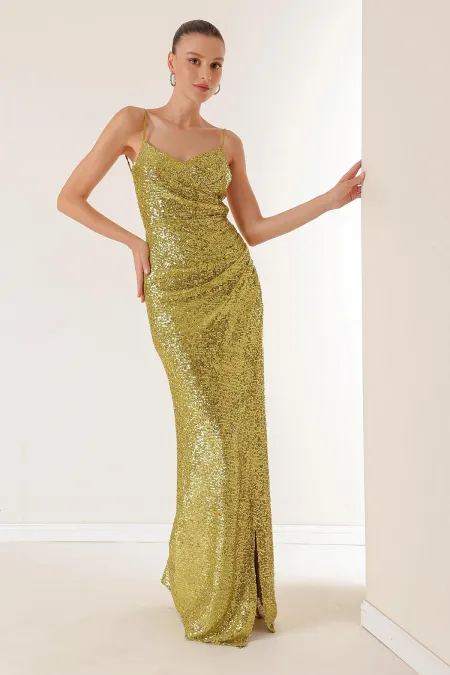Robe longue à sequins avec bretelles en corde, devant drapé, dos lacé et doublée