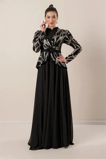 Kolları Büzgülü Güllü KEmer Detaylı Astarlı Üstü Yaldızlı Şifon Elbise