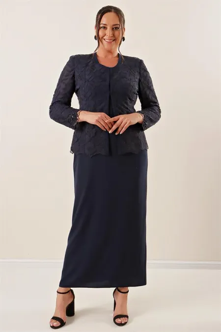 Ensemble robe et veste doublée de dentelle et de perles, grande taille, deux pièces