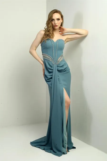 Women's Long Strapless Dress with Beaded Detail and Transparent Lining at the Waist