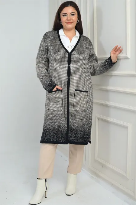 Cardigan long en maille à carreaux imprimé neige pour femme, grandes tailles.