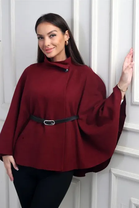 Kadın Düğmeli Beli Kemerli Kaşe Panço