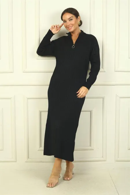 Round Neck, Zip-Up Long Sleeve Knitted Dress