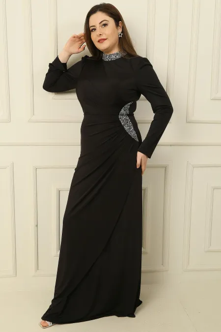Plus Size Long Hijab Dress with Stone Embellished Collar and Sides, Lined and Gathered