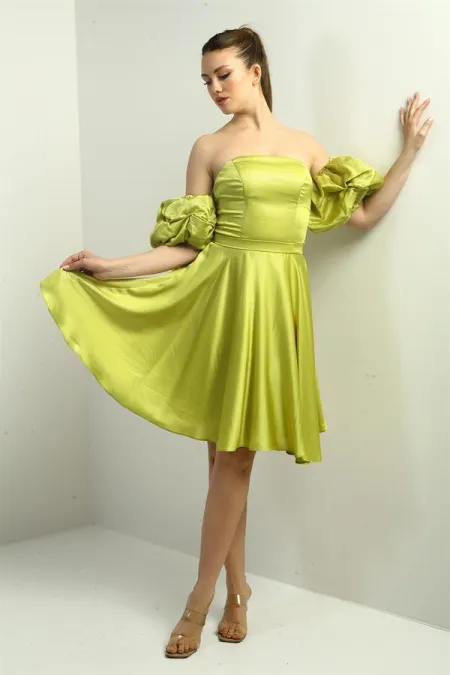 Kadın Straplez Karpuz Takma Kollu Astarlı Kısa Kloş Krep Saten Elbise