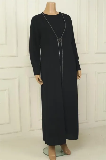 Robe longue en crêpe grande taille pour femme, avec poignets zippés, taille à boucle et ornements en pierre