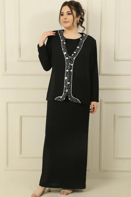 Robe longue sans manches doublée avec veste à sequins métallisés, ensemble 2 pièces en crêpe grande taille