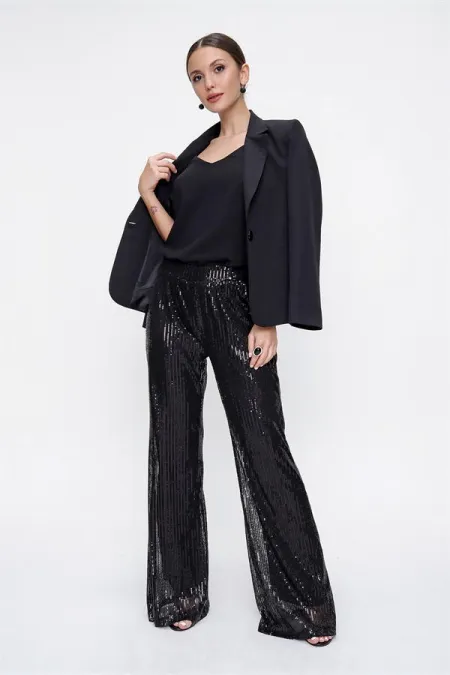 Pantalon en tulle doublé de sequins à taille élastique