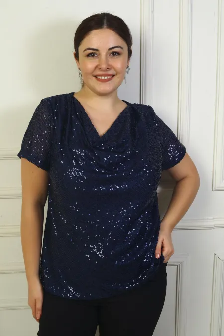 Kadın Degaje Yaka Astarlı Pulpayet Büyük Beden Bluz