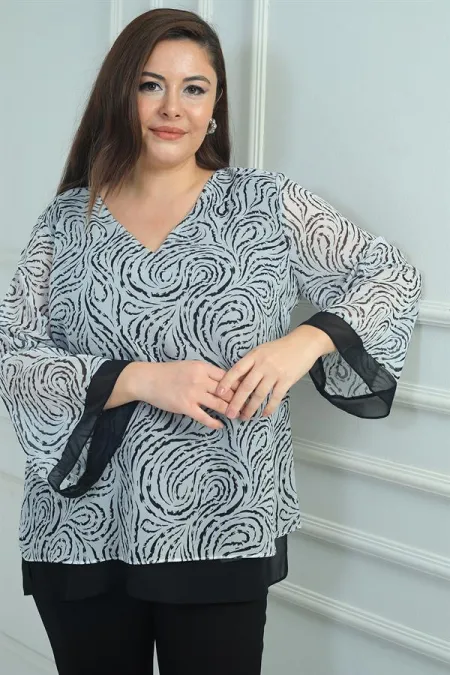 Chemisier en mousseline à motifs, col en V, grandes tailles, pour femme