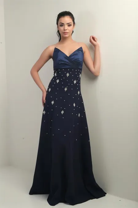 Women's Taffeta Top Strapless Double Stone Spliced Flared Long Dress