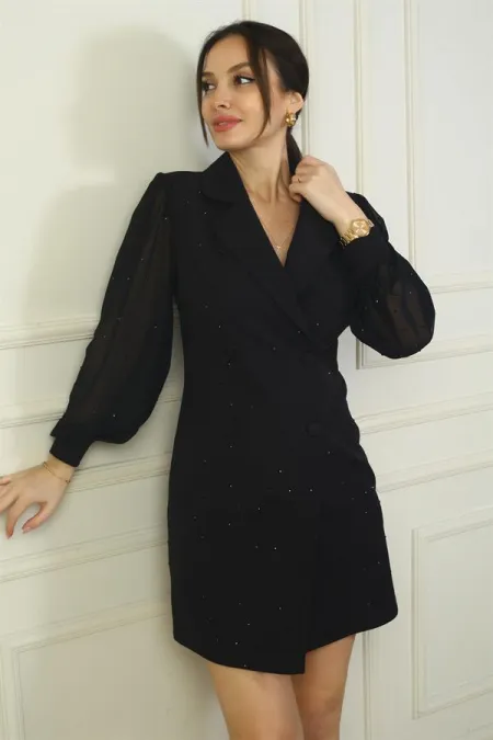 Kadın Kruvaze Yaka Önü Düğmeli Şifon Kollu Boncuklu Kısa Elbise