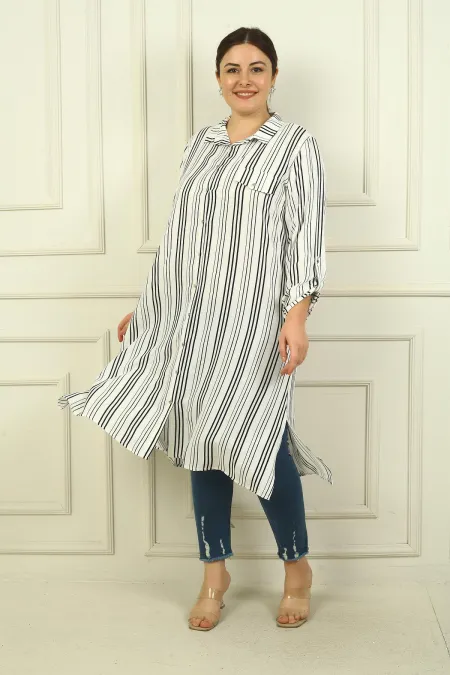 Kadın Sahte Tek Cepli Kol Katlamalı Boyuna Çizgili Büyük Beden Uzun Tunik Gömlek