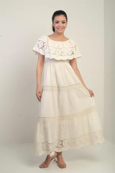 Women's Madonna Neckline Lined Long Dress with Lace Details and Embroidery