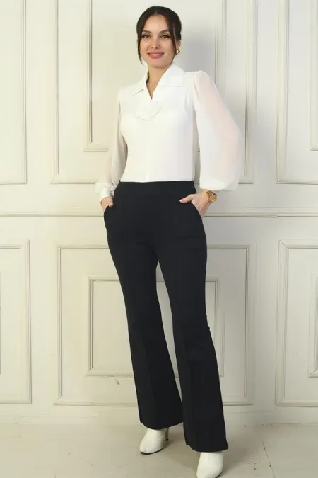 Pantalon pour femme, taille élastique, poches latérales, coupe évasée, longueur acier