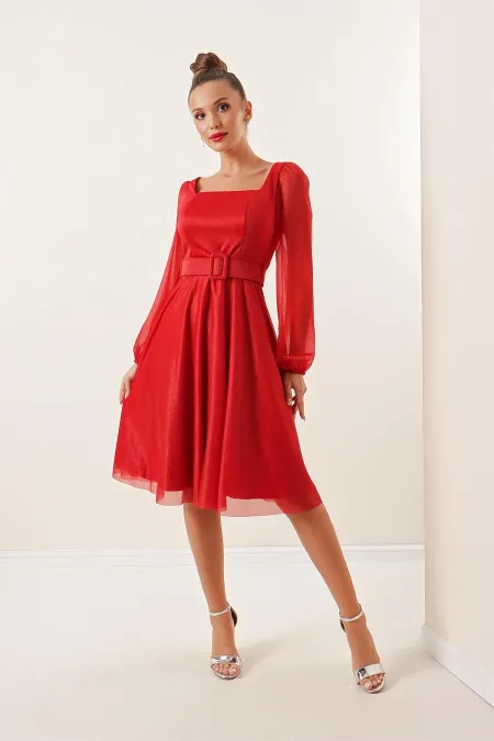 Square Neck Belted Balloon Sleeve Lined Glittery Dress