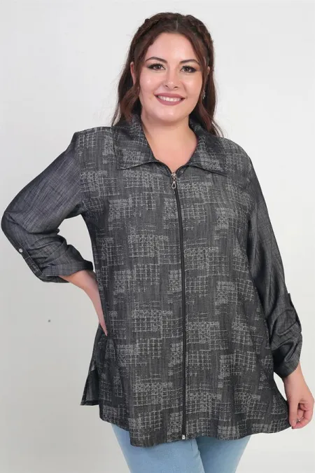 Kadın Kol Katlamalı Önü Fermuarlı Büyük Beden Ceket