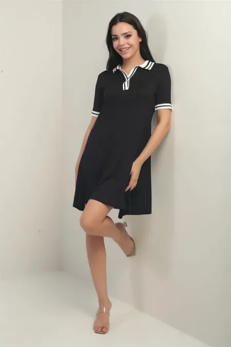 Women's Ribbed Single-Button Front Collared Comfortable Fit Combed Cotton Dress