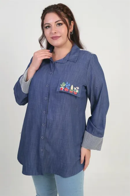 Chemise en jean grande taille pour femme, avec fermeture éclair sur le devant et motif