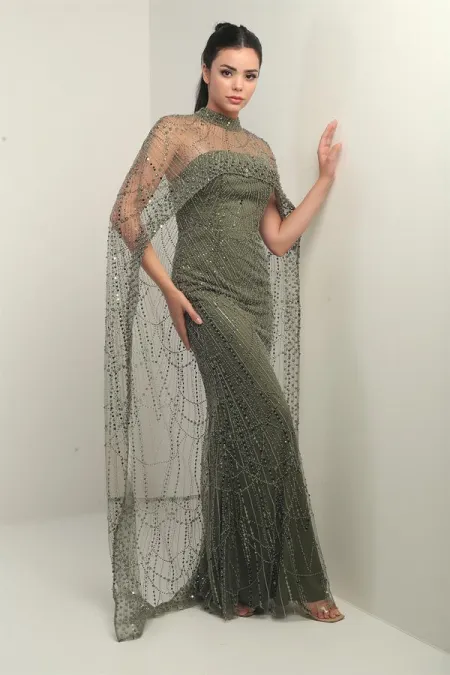 Women's Strapless Stone-Sequin Embroidered Cape-Lined Long Evening Dress