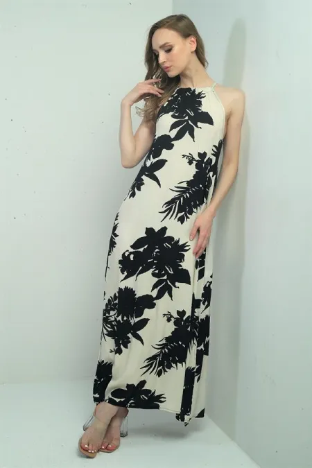 Women's Halter Neck Tie-Up Floral Print Long Dress with Pockets