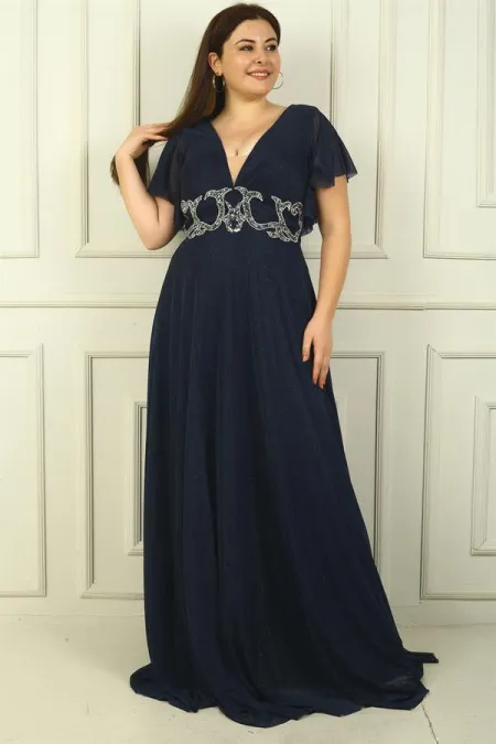 Robe de soirée grande taille pour femme, décolleté en V devant et dos, taille cintrée, doublée et pailletée