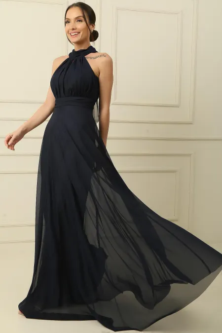 Halter Neck Lined Long Tulle Dress