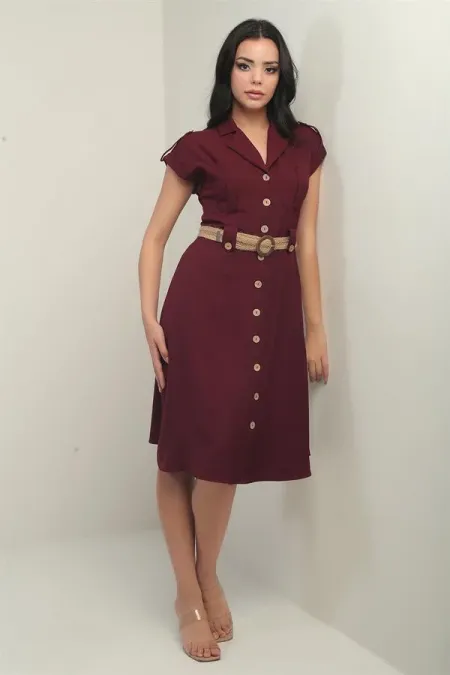 Women's Collared Off-Shoulder Double Pocket Belted Linen Effect Dress