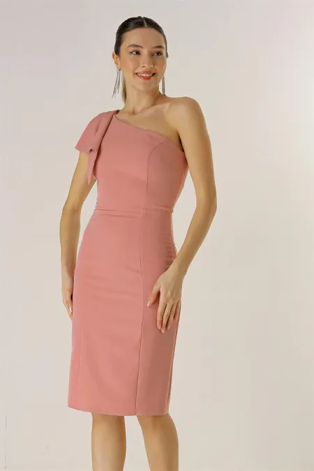 One-Shoulder Short Crepe Dress with Bow and Lining