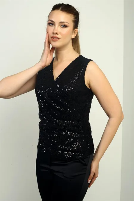 Blouse à sequins doublée, sans manches, avec encolure cache-cœur et drapée sur le devant, pour femme