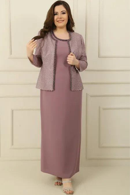 Ensemble 2 pièces grande taille composé d'une robe longue en crêpe doublée à col en pierre et d'une veste à paillettes