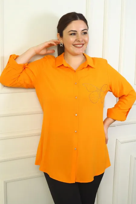 Chemise en viscose grande taille à manches repliées ornée de papillons pour femme