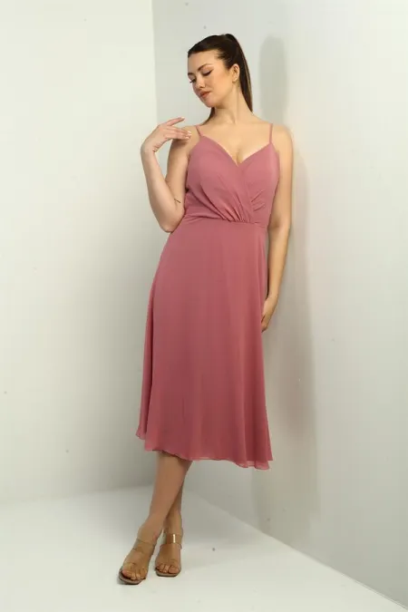 Women's Strappy Wrap Neckline Lined Lace-Up Back Flared Chiffon Dress