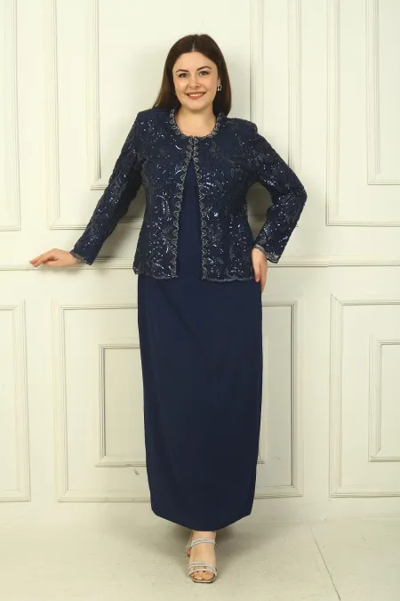 Ensemble 2 pièces pour femme, comprenant une veste en tulle ornée de sequins et de perles, une robe longue à manches demi-lune en crêpe doublée et un pantalon grande taille.